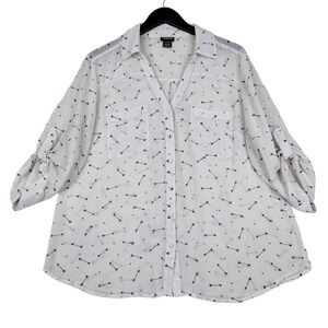 Torrid Shirt Womens 0 Large White Sheer Loose Roll Tab‎ 3/4 Sleeve Button Up